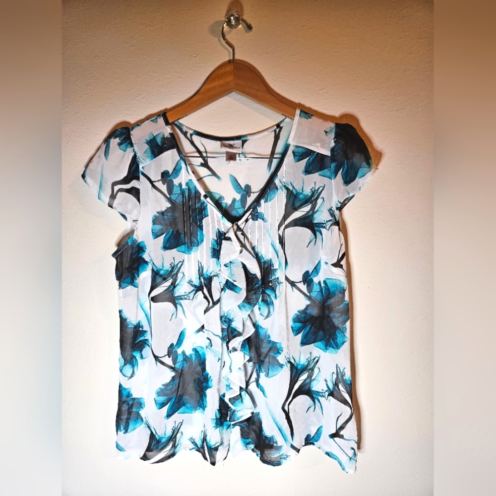 Worthington Petite Large White and Blue Sheer Floral Blouse Top